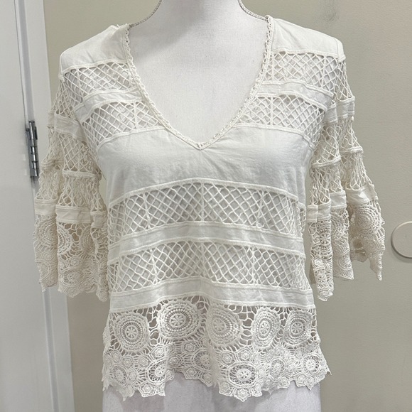 Alexis Tops - Alexis White Lace Netted Bell Sleeve V-Neck Top XS Boho Crochet Cottage Fairy